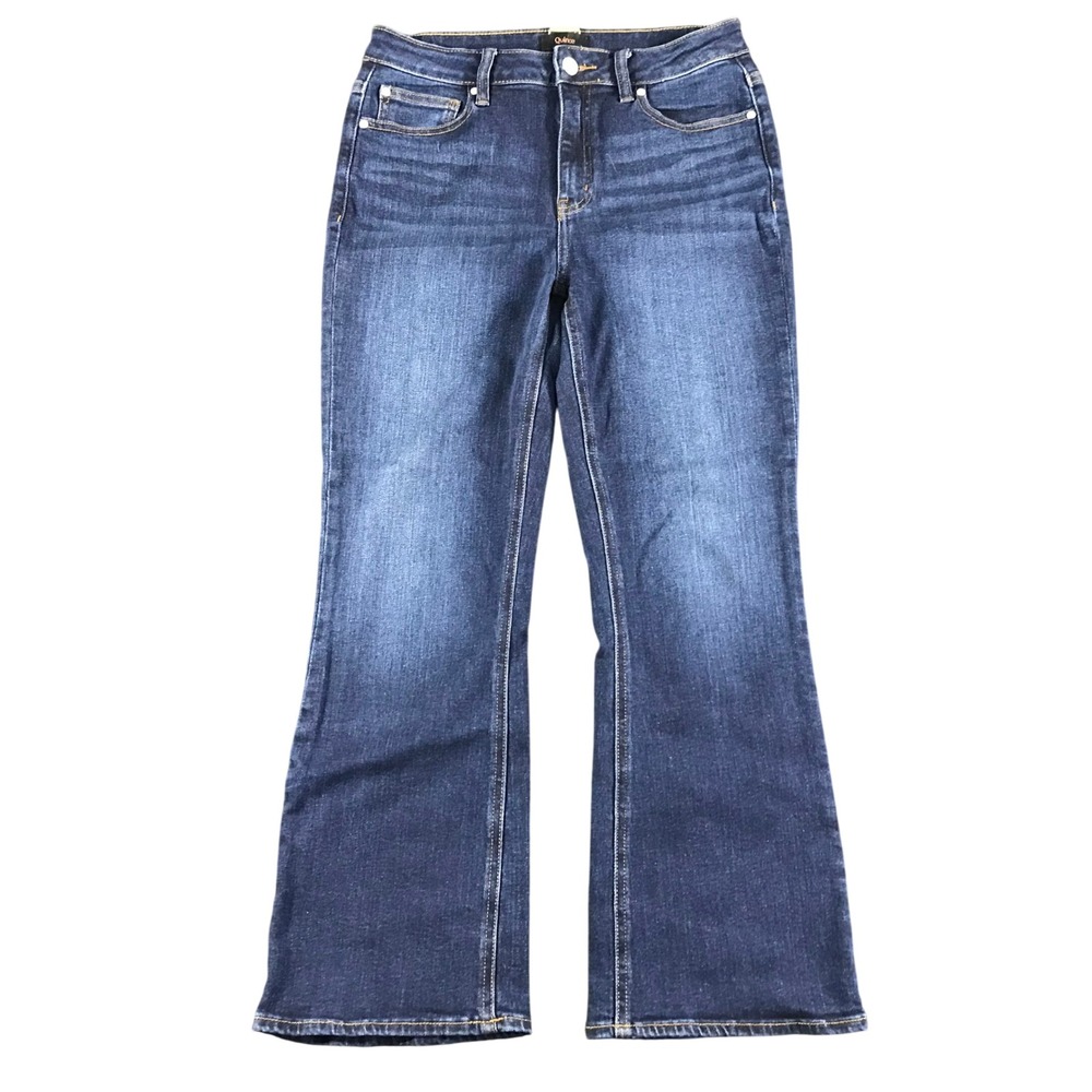 Quince Women High Rise Flare Jeans Dark Wash Blue Organic Cotton Stretch Size 28